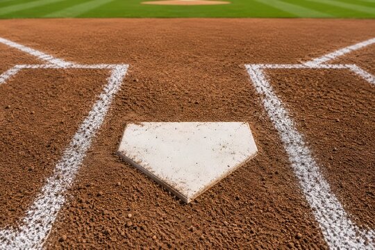 Baseball Home Plate on Clay Field with Chalk Lines and Stadium Grass

