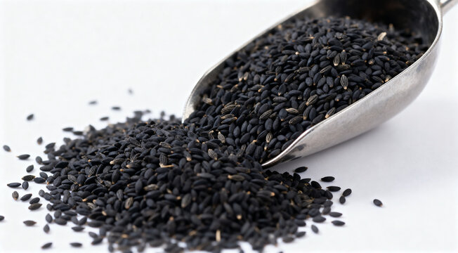 Scoop with black cumin seeds isolated on white