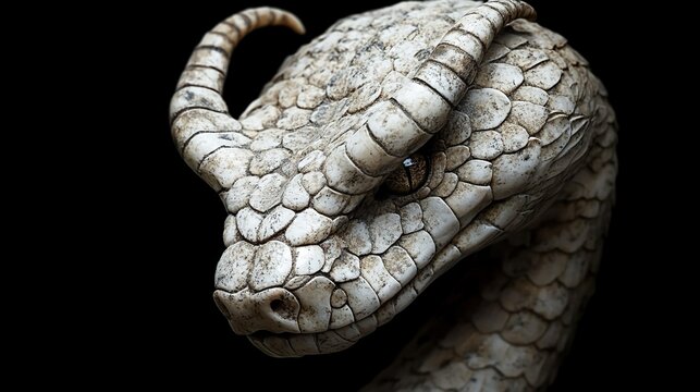 Dramatic portrait of a horned viper coiled up, showcasing its menacing curved horns.