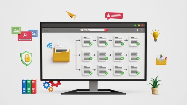 Digital Document Management System. Data Structure, Cloud Storage, Files Organization Workflow, Files Automation and Online Data Access. DMS Dashboard on Computer. 4K 3D Video Animation