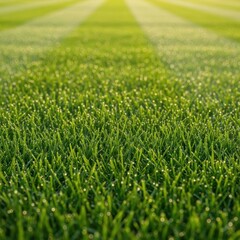 Obraz premium A pristine, freshly mown lawn featuring bright green blades of healthy turf. Ideal for background texture or illustrating summer yard care, growth, fresh, horticulture