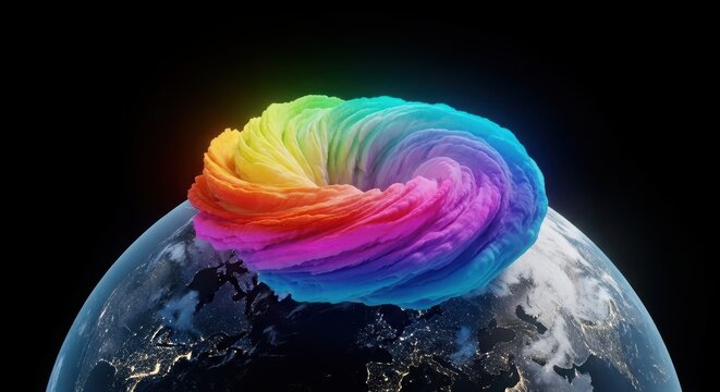 Abstract visualization showing the atmospheric rotation of a large cold air mass swirling over a conceptual globe representation, air, storm, pressure