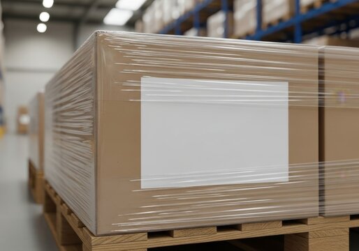 Cardboard Boxes Wrapped in Plastic on Wooden Pallet with Blank Label i