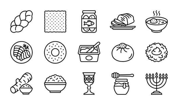 Jewish Holiday Food Icons: Matzah, Challah, Gefilte Fish, Honey, Menorah, Kiddush Cup