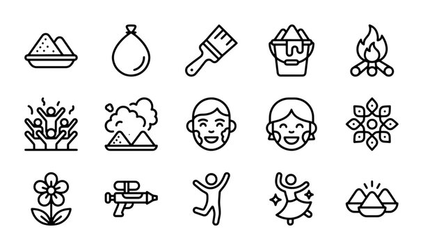 Holi Festival Icons Set: Vibrant Celebration Graphics for Indian Culture, Joyful People, and Traditional Elements