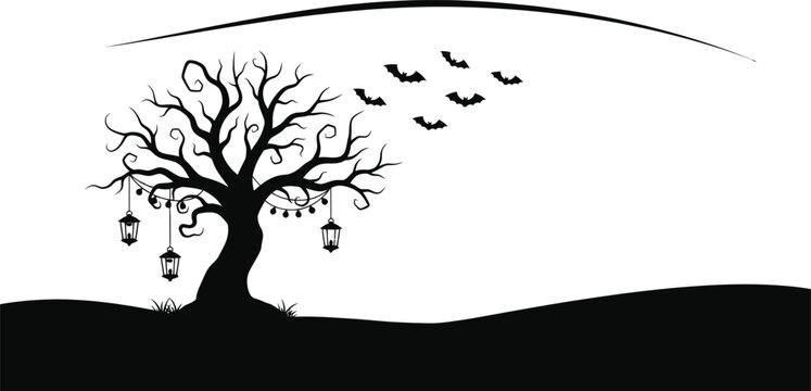 Spooky halloween scene with bare tree bats and hanging lanterns