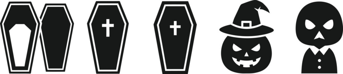 Fototapeta premium Halloween icon set coffins jack o' lantern and skull illustrations