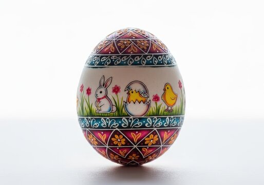 Intricately decorated hen egg featuring hidden visual elements, suggesting a playful holiday surprise, perfect for spring celebration, abstract, speckled, colorful