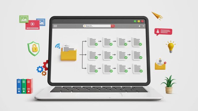 Digital Document Management System. Data Structure, Cloud Storage, Files Organization Workflow, Files Automation and Online Data Access. DMS Dashboard on Laptop. 4K 3D Video Animation