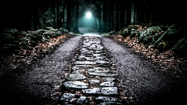 Eerie stone and dirt path through a spooky dark forest with distant fog and autumn leaves