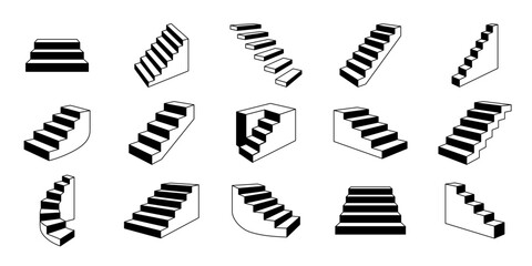Naklejka premium Black staircase icons set. 16 stairs silhouette in various shapes and angles.