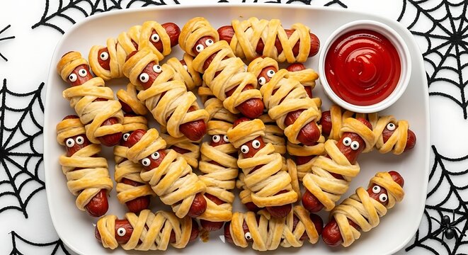 Halloween Sausage Mummies with Ketchup Dip mummy pastry