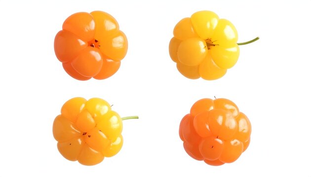 Four Cloudberries in Various Stages of Ripeness on White Background.
