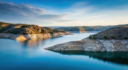 Naklejka premium Vast reservoir lake landscape showing clear blue water meeting dry, rugged hillsides, highlighting water conservation and engineered storage, arid, sustainable, water