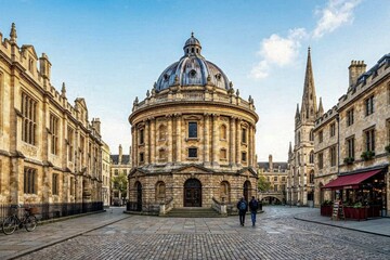 Fototapeta premium Historic university building stands tall in Oxford as two people walk by in the early evening light