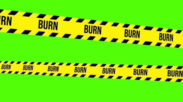 Warning: Danger Zone: Striking hazard tape prominently displays the word BURN against a vivid green backdrop, conveying a clear message of caution and danger. 