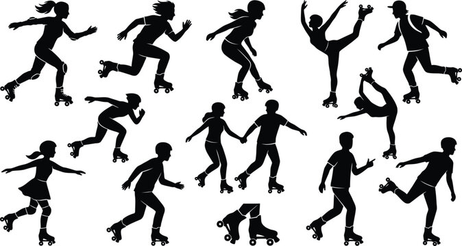 People rollerblading in various dynamic poses isolated on white background, Vector