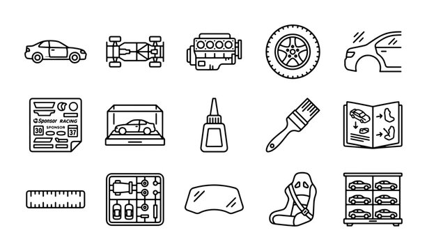 Car Model Building Icons, Automotive Crafting Vector Set, Hobby Assembly Kit Graphics