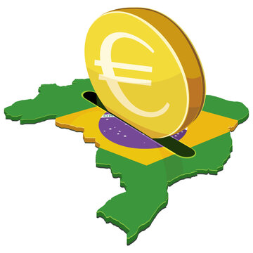 Illustration of European capital entering Brazil, representing foreign investment, trade relations, and economic cooperation using a euro coin and map. (cut out)