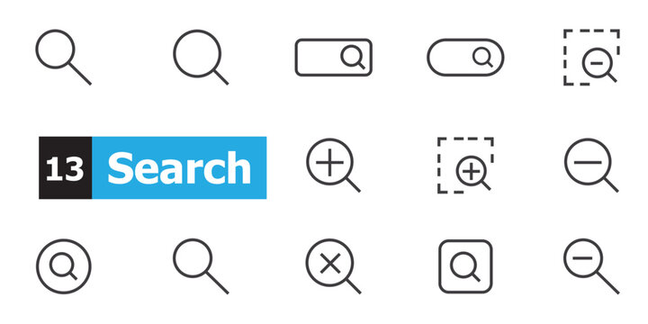 Search icon set. Containing magnifying glass, find, research, SEO and investigate icons. Solid icon collection. Vector illustration.