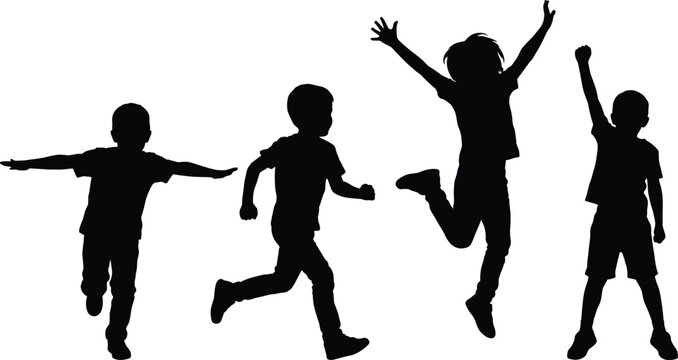 Active Children Silhouette Vector Set Featuring Happy Kids Running, Jumping, and Playing for Youth Sports, Education, and Childhood Development Graphic Designs