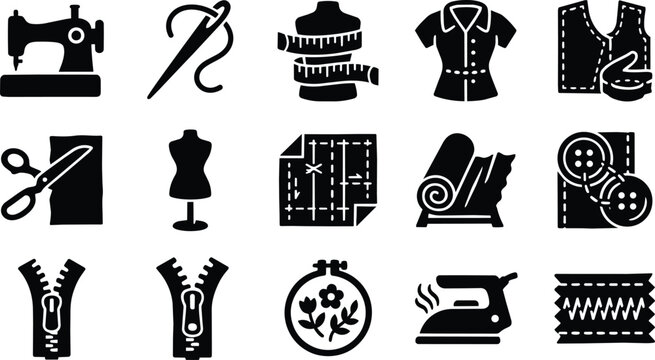 Collection of sewing and tailoring icons representing craft and creation