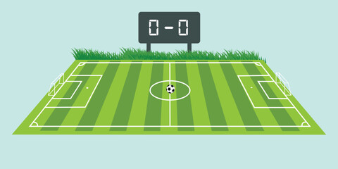 A green soccer field with a scoreboard and a ball on it in a cartoon style © Iconic Nest