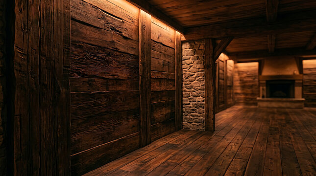 Interior of a rustic wooden room with stone accents and a fireplace, log cabin