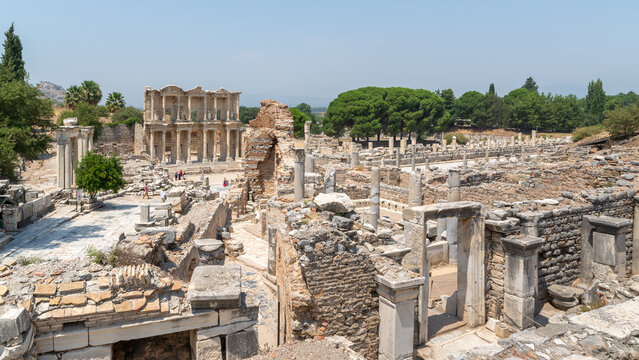 Wide view of the ancient ruins near the Library of Celsus in Ephesus archaeological site, Turkey.