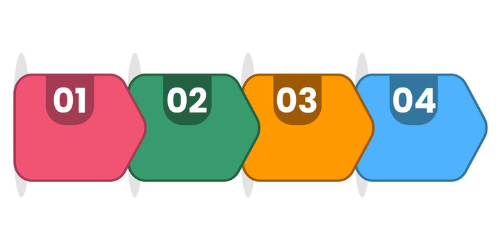Four steps infographic template with colorful geometric arrows and numbers on transparent background.