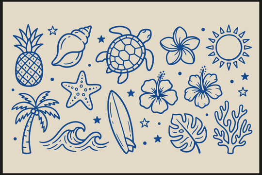 Tropical elements including pineapple, seashell, turtle, flowers, palm tree, waves, surfboard, and coral in simple blue ink drawings on beige background showing summer coastal nature theme