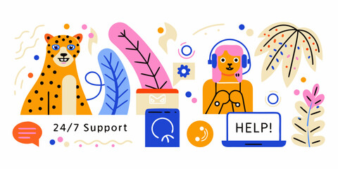 Customer support illustration with cheetah headphones and laptop © Raju