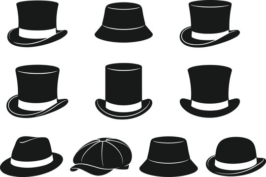 Classic Gentlemen Hat Silhouette Vector Icon Set Featuring Top Hats, Fedoras, Bowlers, and Flat Caps for Formal Fashion and Vintage Apparel Accessory Designs