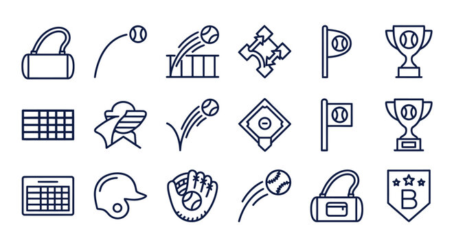 Lineart sports icons vector collection baseball softball and tennis symbols
