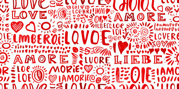 seamless pattern featuring the words love and hearts in red ink