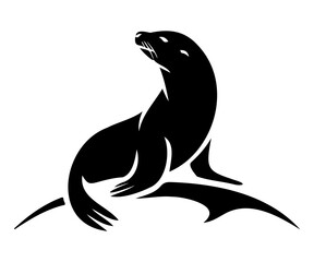 Black silhouette of a seal sitting upright with head tilted back and stylized waves or fins below © MOHAMMADTORIQUL