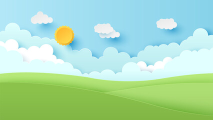 Fototapeta premium Nature landscape. Landscape scenery with mountain and white cloud in summer blue sky background. Paper cut and craft style illustration