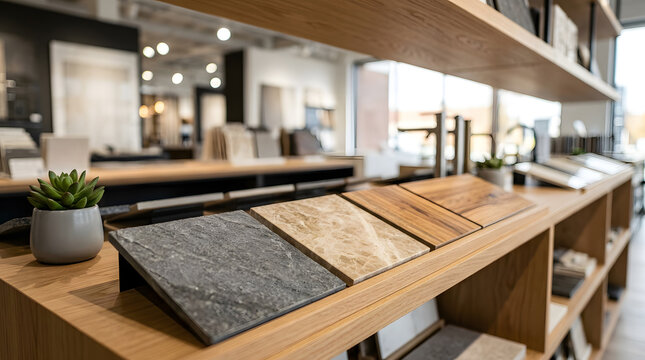 Modern kitchen tile samples on display | Natural stone and marble floor tiles | Luxury interior design showroom interior | Hardwood oak shelving for home decor
