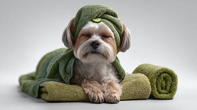 Luxurious Dog Enjoying Spa with Bubbles and Cucumbers