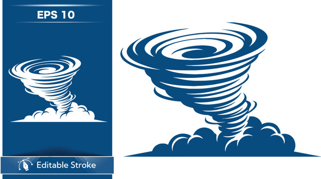 Blue illustration of a tornado with clouds and lightning