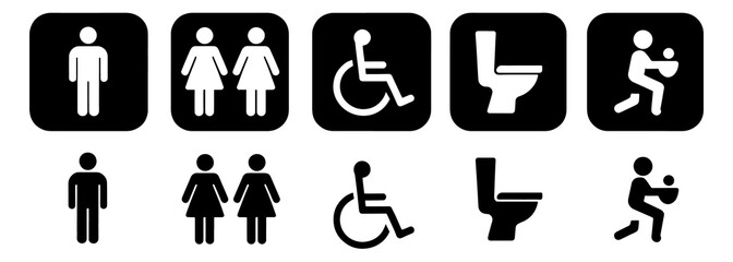 Collection of black and white restroom and accessibility including male female disabled toilet and...