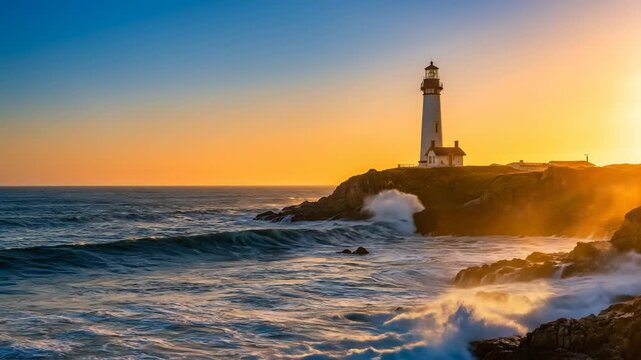 Ocean waves crashing on rocky shore near lighthouse at sunset
