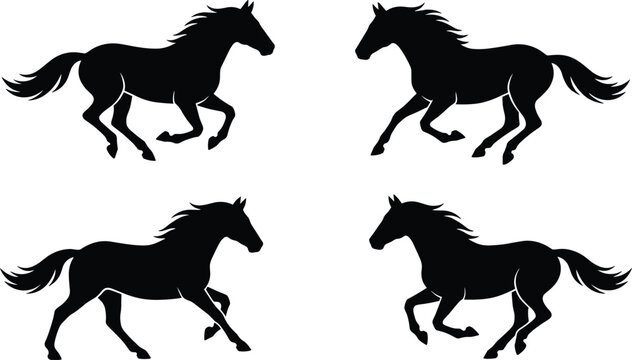 Galloping Horse Silhouette Vector Set Featuring Wild Stallions and Mustangs in Dynamic Running Poses for Equestrian Sports, Ranching, and Nature Graphic Designs