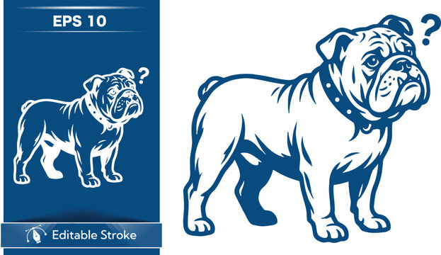 Illustration of a blue bulldog with a questioning expression