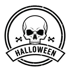 Fototapeta premium Halloween skull emblem with crossed bones on circular badge