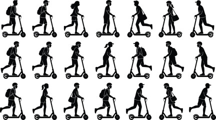 People riding electric scooters in various styles isolated on white background, Vector © MD. SOHAN MIA