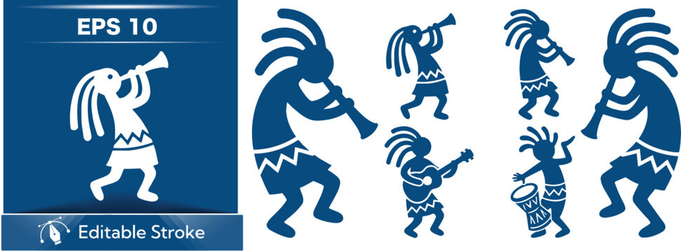 Blue silhouette of various kokopelli figures in different poses