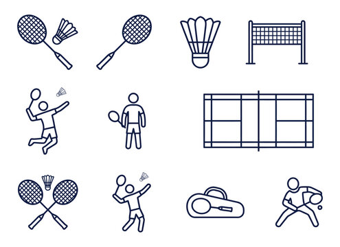 Lineart sports icons vector collection badminton racket shuttlecock and court illustrations