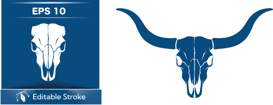 Bull skull with horns on white and blue background