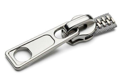 Close up view of a metallic clothing zipper slider with a long pull tab attached to gear teeth for fast and easy opening or closing of fabric garments bags and accessories used in fashion design